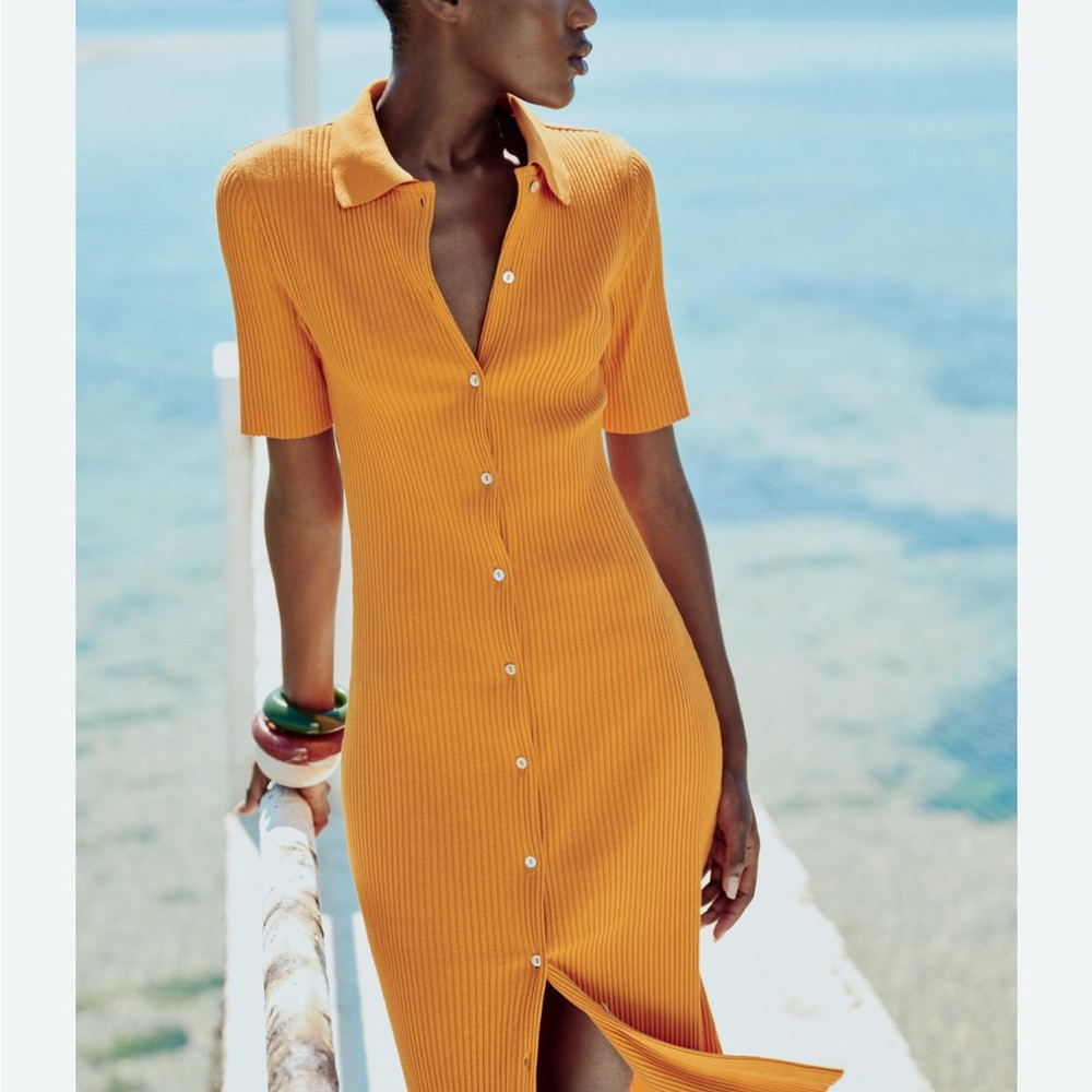 Zara Orange Buttoned Sheath Midi Dress